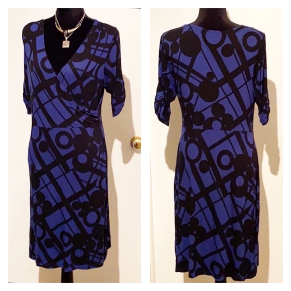 Blue & Black Geometric Wrap Dress!!!  Size L
